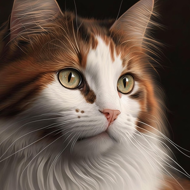 Una pintura de un gato con ojos amarillos.