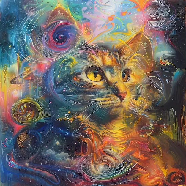 Una pintura de un gato con ojos amarillos