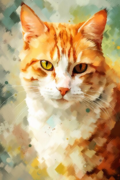 Una pintura de un gato con ojos amarillos.