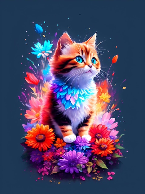 Una pintura de un gato con ojos azules y un collar de colores del arcoíris.