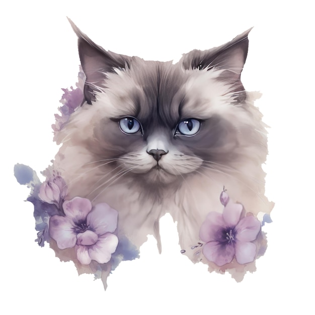 Una pintura de un gato con ojos azules y un fondo blanco.