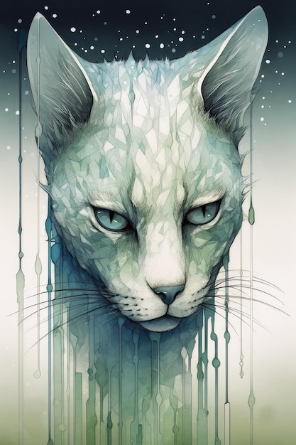 Una pintura de un gato con ojos azules y un fondo blanco.