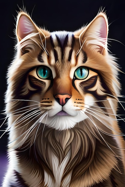 Una pintura de un gato con ojos azules.