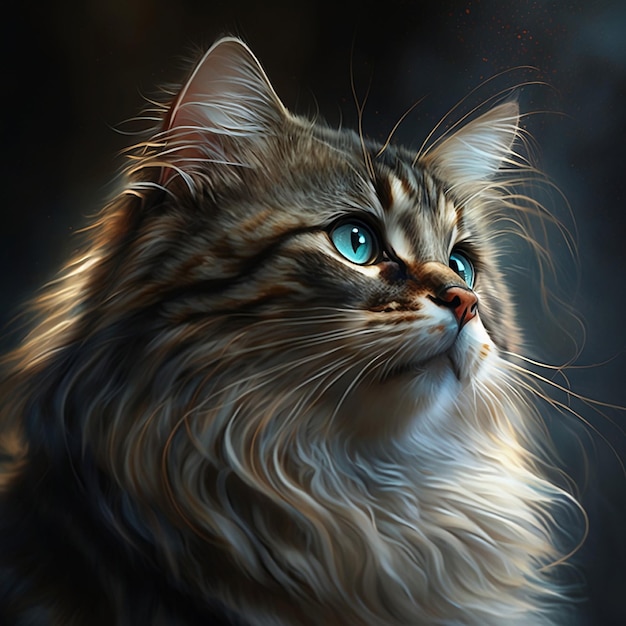 Una pintura de un gato con ojos azules.