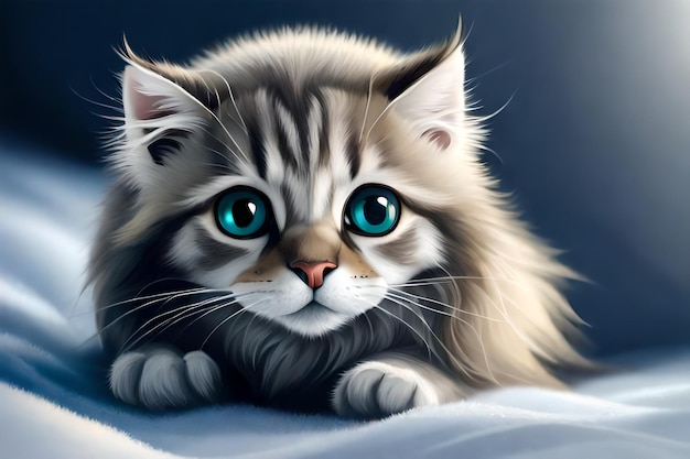 Una pintura de un gato con ojos azules.