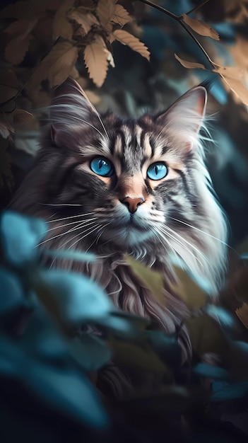 Una pintura de un gato con ojos azules.