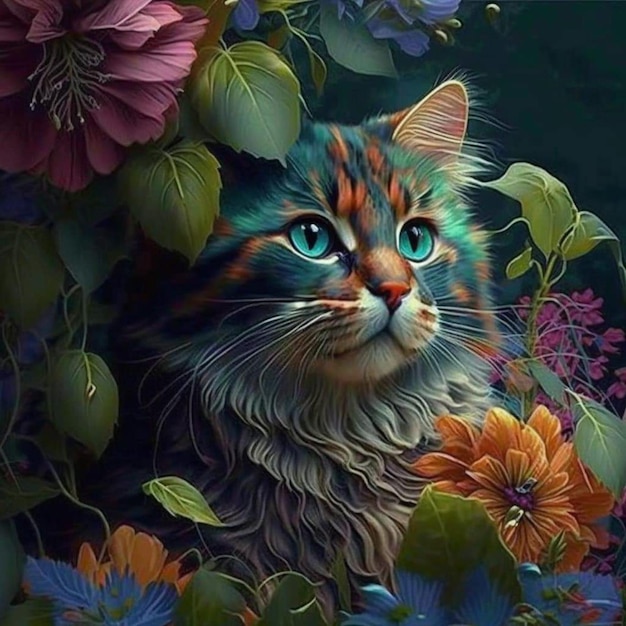 Una pintura de un gato con ojos azules.