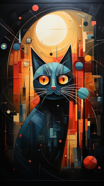 pintura de un gato con ojos brillantes y una luna llena generativa ai