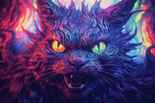 una pintura de un gato con ojos brillantes