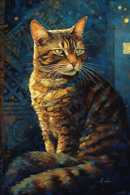 Una pintura de un gato con ojos verdes se asienta sobre un fondo azul.