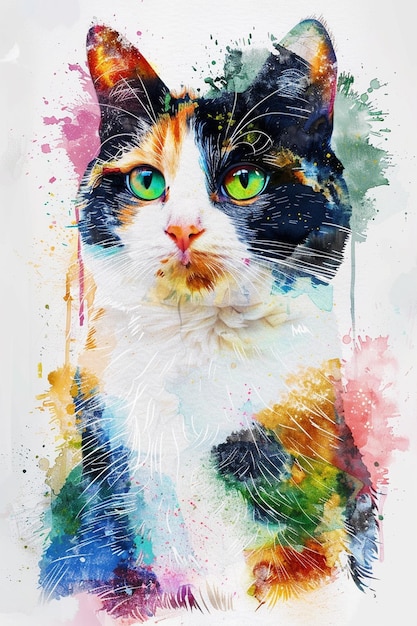 una pintura de un gato con ojos verdes y un fondo colorido