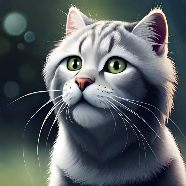 Una pintura de un gato con ojos verdes y un fondo verde claro.