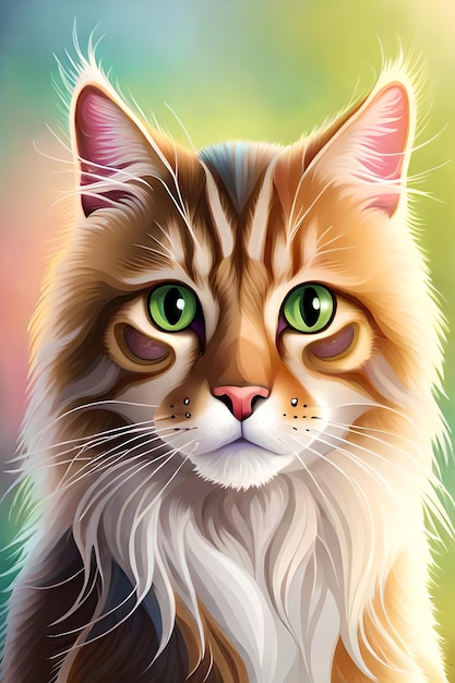 Una pintura de un gato con ojos verdes.