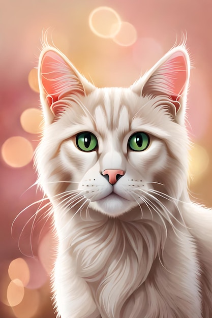 Una pintura de un gato con ojos verdes.