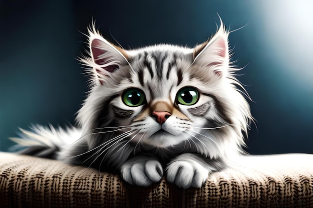 Una pintura de un gato con ojos verdes.