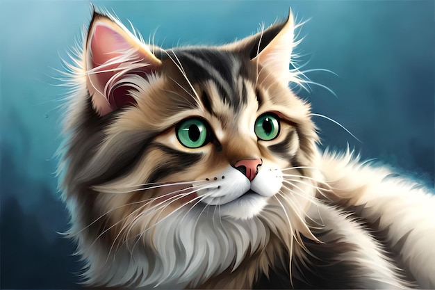 Una pintura de un gato con ojos verdes.