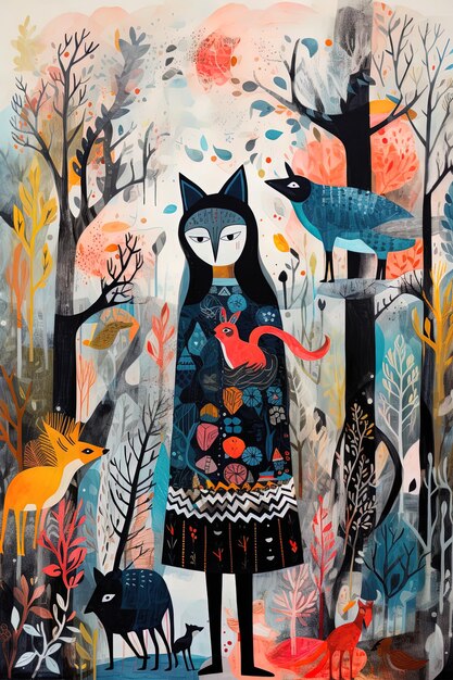 Foto una pintura de un gato y pájaros en un bosque
