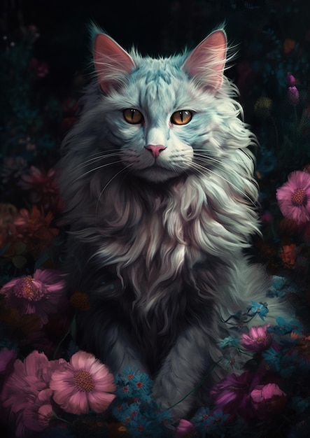 Una pintura de un gato con pelaje azul y blanco.