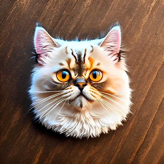 Una pintura de un gato persa con ojos amarillos.