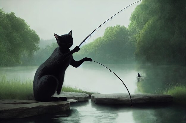 una pintura de un gato pescando en un estanque con un pez en él