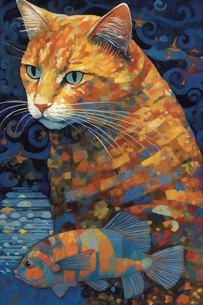 Una pintura de un gato con un pez en la boca.