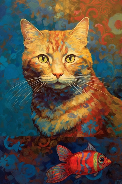 Una pintura de un gato con un pez en él