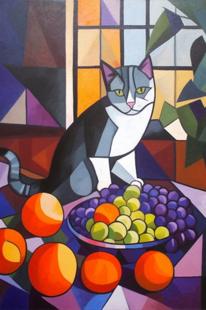 Una pintura de un gato y un plato de uvas.