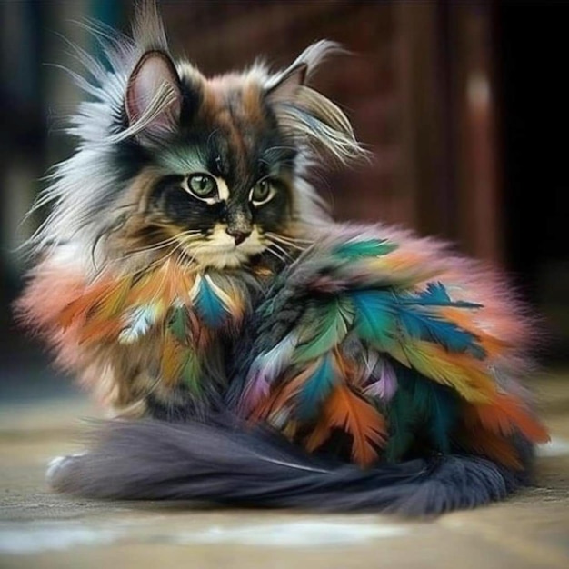 Una pintura de un gato con plumas