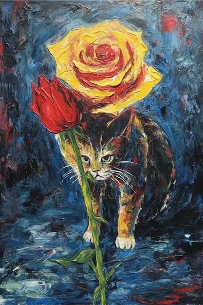 Una pintura de un gato con una rosa roja en la cabeza.