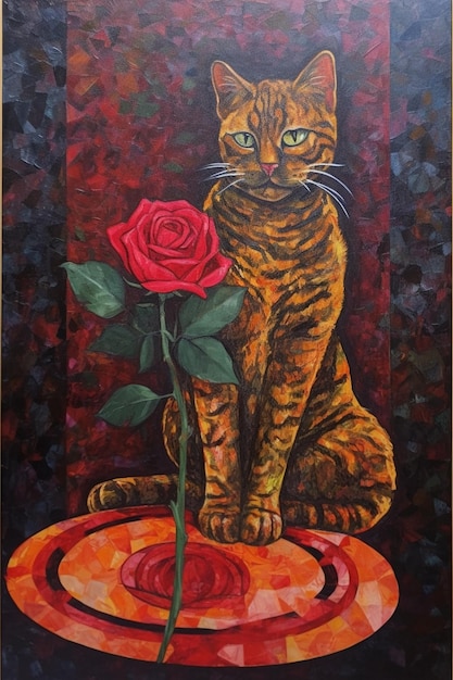 Una pintura de un gato con una rosa