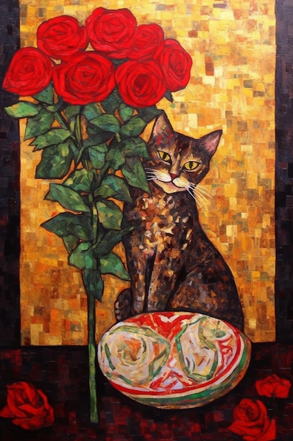 Una pintura de un gato con rosas rojas.