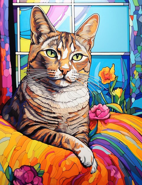 Foto pintura de un gato sentado en una almohada de colores frente a una ventana generativa ai