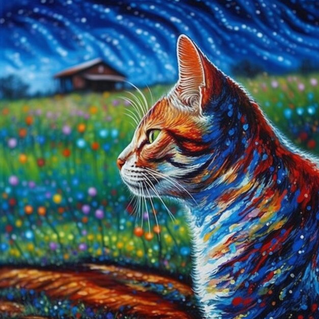 Foto una pintura de un gato sentado en un campo de flores ai generativo