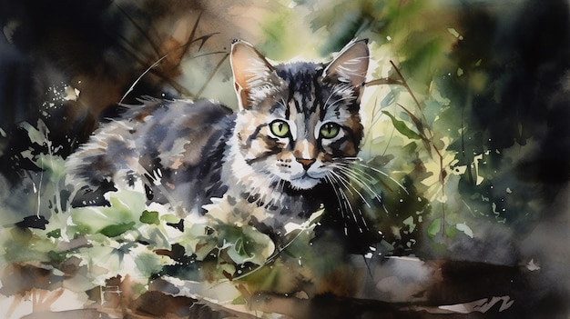 Pintura de un gato sentado en la hierba con un arbusto detrás ai generativo