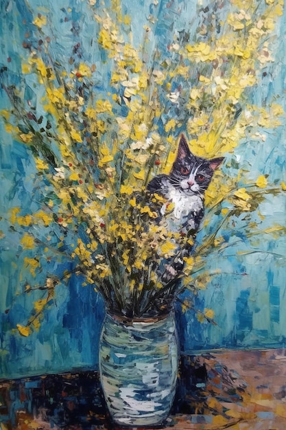 Una pintura de un gato sentado en un jarrón de flores amarillas.