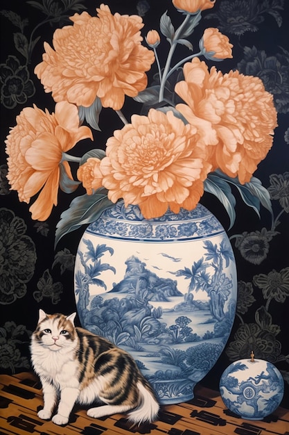 Una pintura de un gato sentado en un jarrón con flores.