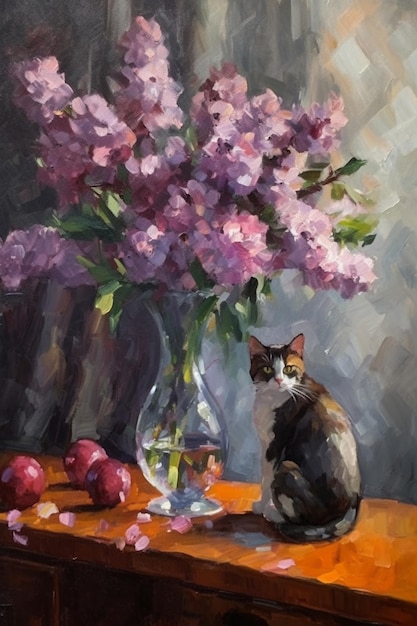 Una pintura de un gato sentado junto a un jarrón de lilas.