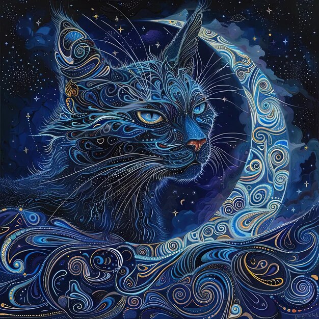 Una pintura de un gato sentado en una luna creciente