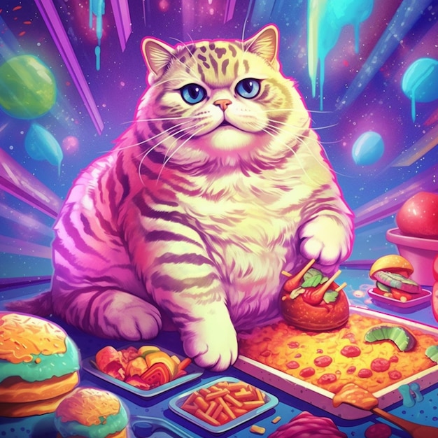 pintura de un gato sentado en una mesa con comida y una bandeja de rosquillas generativo ai