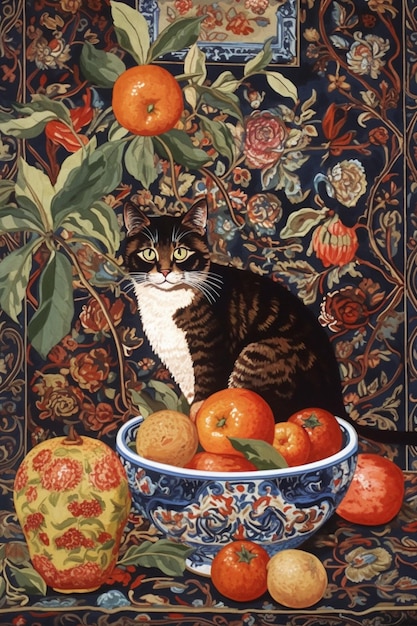 Foto una pintura de un gato sentado en un plato de frutas.