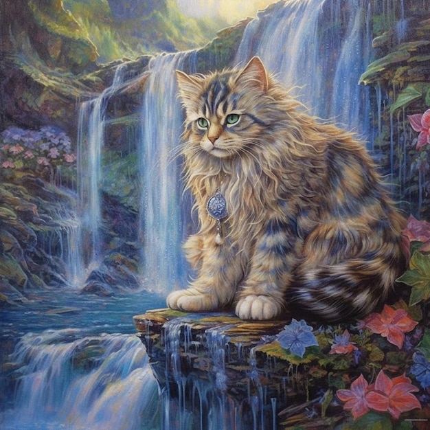 pintura de un gato sentado en una roca frente a una cascada generativa ai