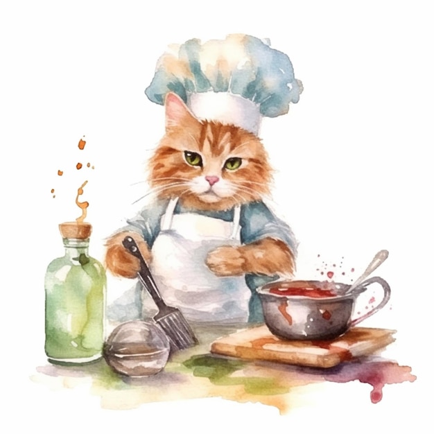 Pintura de un gato en un sombrero de chef preparando comida generativa ai