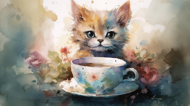 Una pintura de un gato con una taza de café.