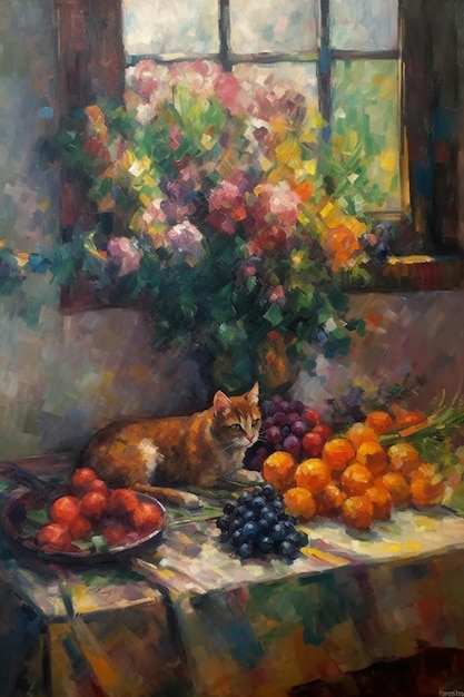 Una pintura de un gato tendido junto a un racimo de frutas.