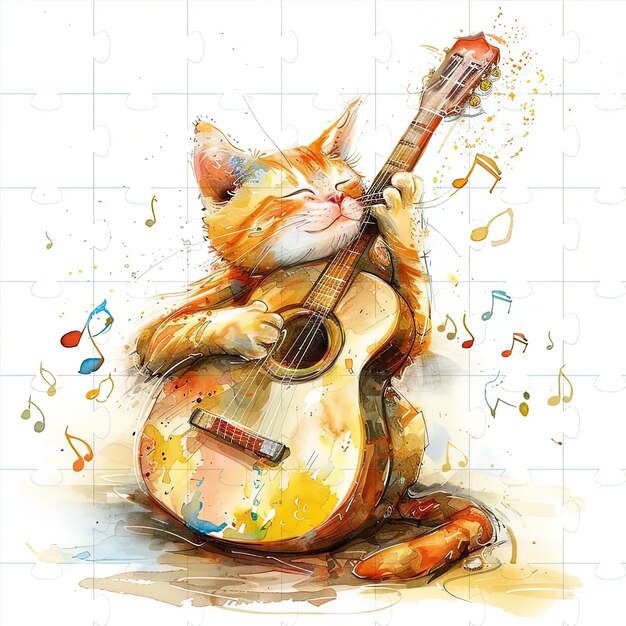 Una pintura de un gato tocando la guitarra