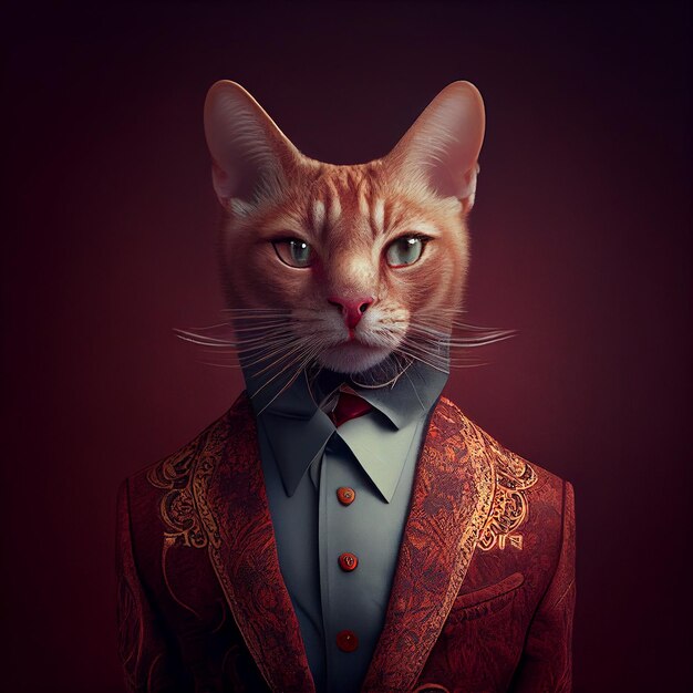 Una pintura de un gato vestido con un traje y una camisa roja.