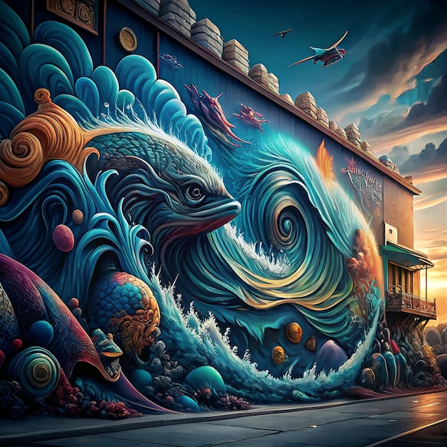 una pintura de una gaviota y un edificio con una gran ola en el fondo