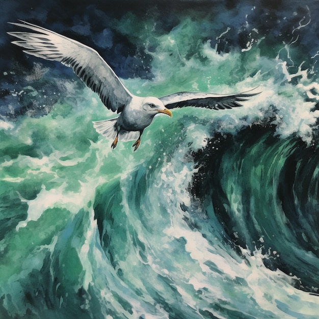 Pintura de una gaviota volando sobre una ola en el océano ai generativo