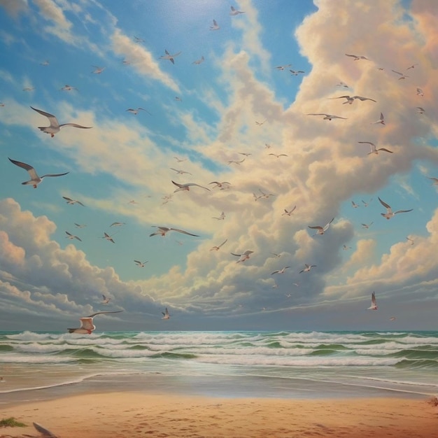 Una pintura de gaviotas volando sobre una playa con un cielo nublado encima.