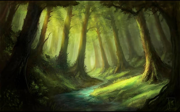 una pintura generada del paisaje del bosque